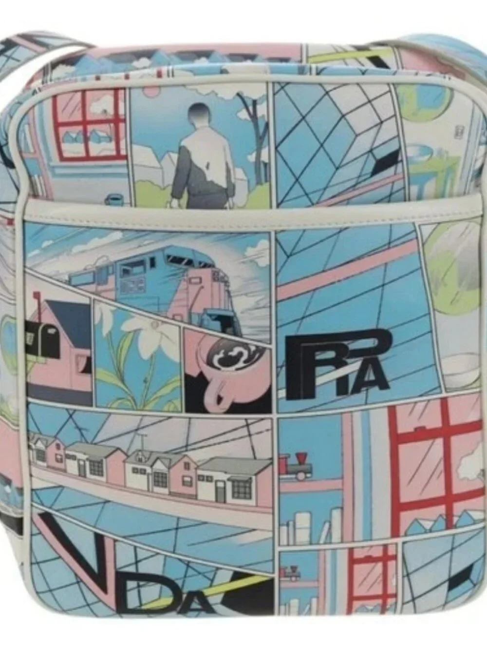 PRADA Comic Print Shoulder Bag Leather White Silver Auth